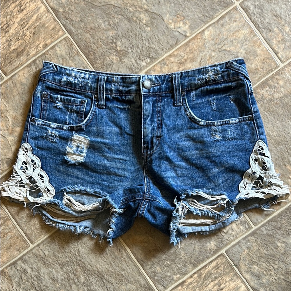 Free People Blue and White Jean Shorts with Lace Trim